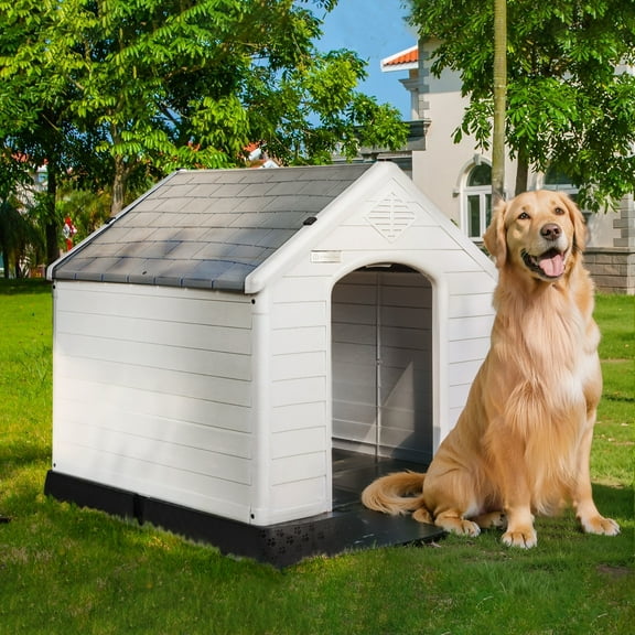 PUKAMI Durable Waterproof Plastic Dog House for Small to Large Sized Dogs, Indoor Outdoor Doghouse Puppy Shelter with Elevated Floor, Easy to Assemble