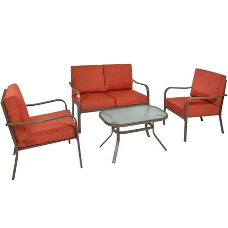 Best Choice Products 4-Piece Cushioned Metal Conversation Set with 2 Chairs and Glass Top Coffee Table,
