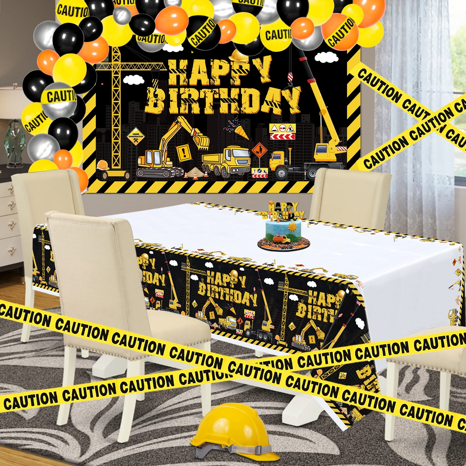 Hegbolke Construction Birthday Party Decoration Kits, 180 cm Plastic/Latex Yellow