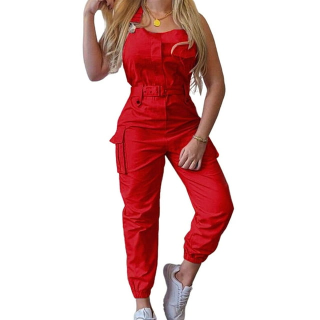 Sexy Dance Combinaison Pantalon Longue pour Femmes avec Ceinture et Poches, Barboteuse Ajustée Cargo, Salopette Sans Manches Rouge 3TG