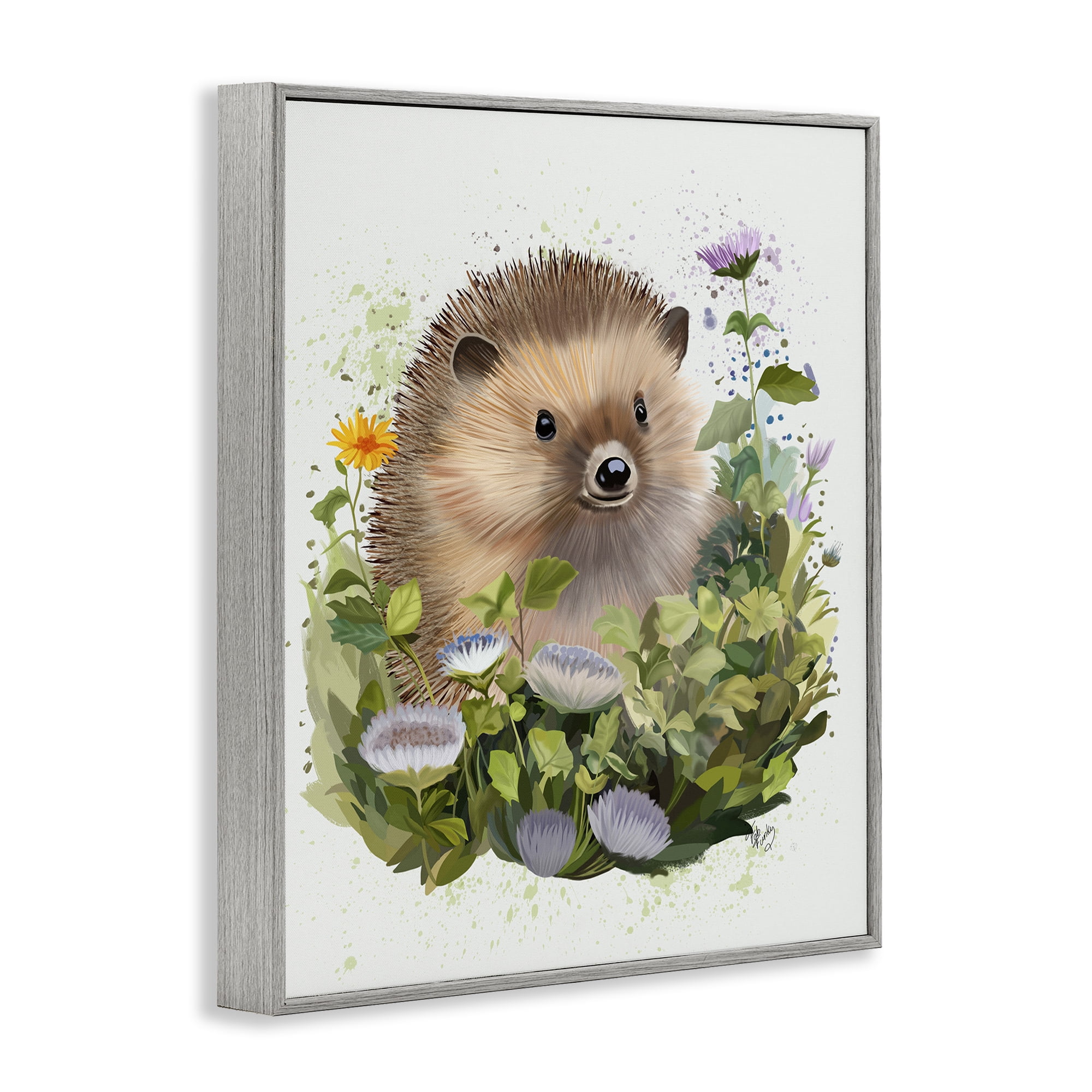Stupell Industries Hedgehog in Floral Meadow Animals & Insects Painting Gray Framed Art Print Wall Art, 11 x 14