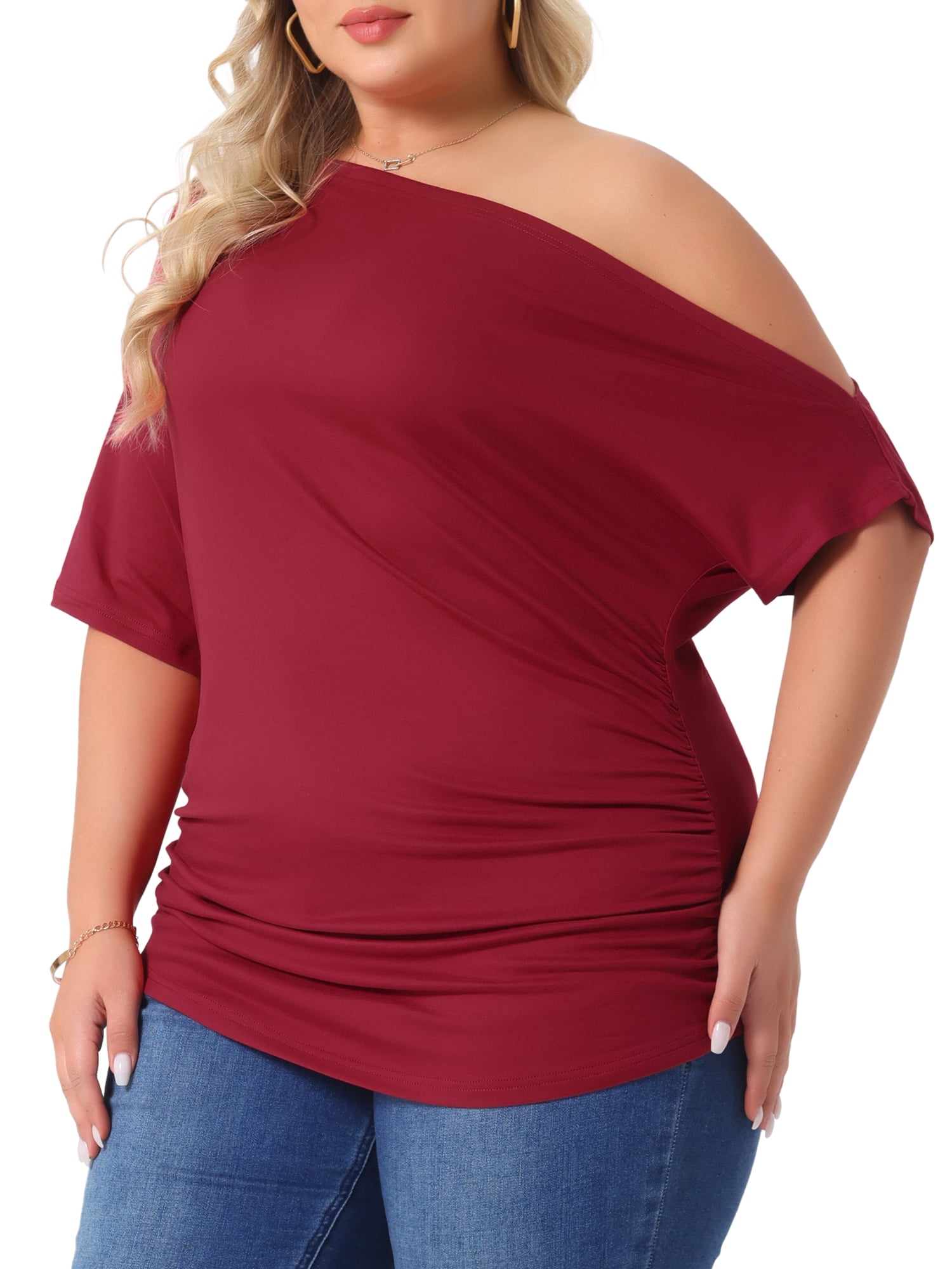 Women's Plus Tops One Shoulder Short Sleeve Ruched Basic Blouses Summer Tee Tops 3X Burgundy