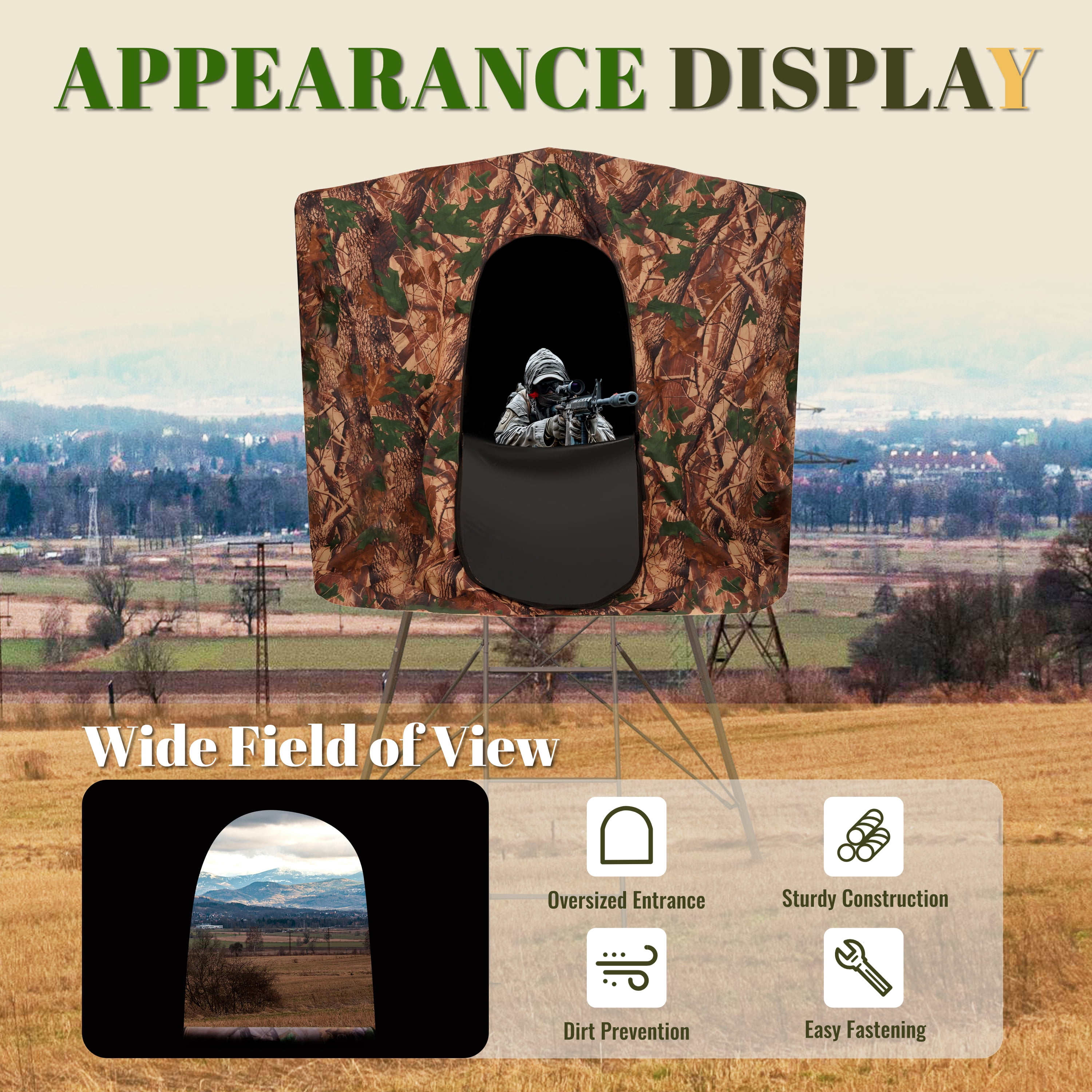 KOJEM Hunting Blind Cover Deer Hunting Blind Camouflage Enclosure Universal 2 Entrances Hunting Equipment 360 Degree Full Surround Coverage Quad Blind Cover (Stand Not Included)