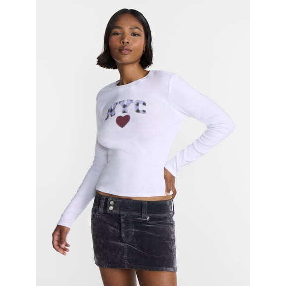 No Boundaries Graphic Baby Cotton Tee with Long Sleeves, Women's XXS-XXL