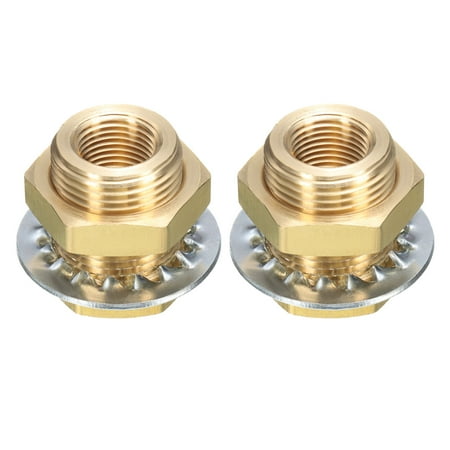 Uxcell 2Pcs Brass Bulkhead Fitting NPT 3/8 Female Double Threaded Water Tank Connector with Seal Washers for Rain Bucket Sinks Aquariums