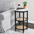 thumbnail image 3 of Creative Co-Op Round Solid Wood End Table with Genuine Marble Top and 2 Woven Cane Storage Shelves, Black, White, and Natural, 3 of 7