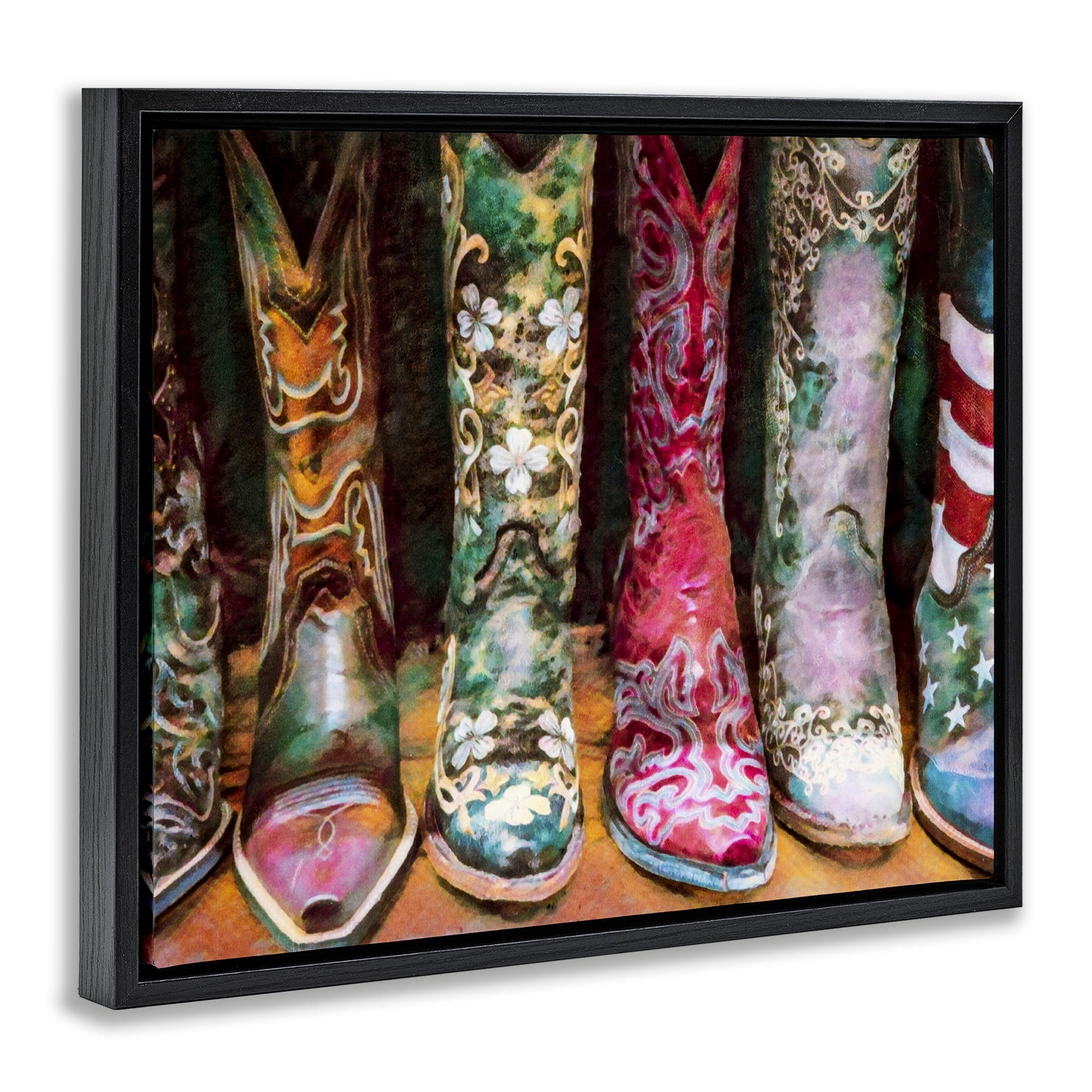 Stupell Industries Cowboy Boots Various Bold Designs Americana Apparel Painting Jet Black Floating Framed Canvas Print Wall Art, Design by Graffitee Studios