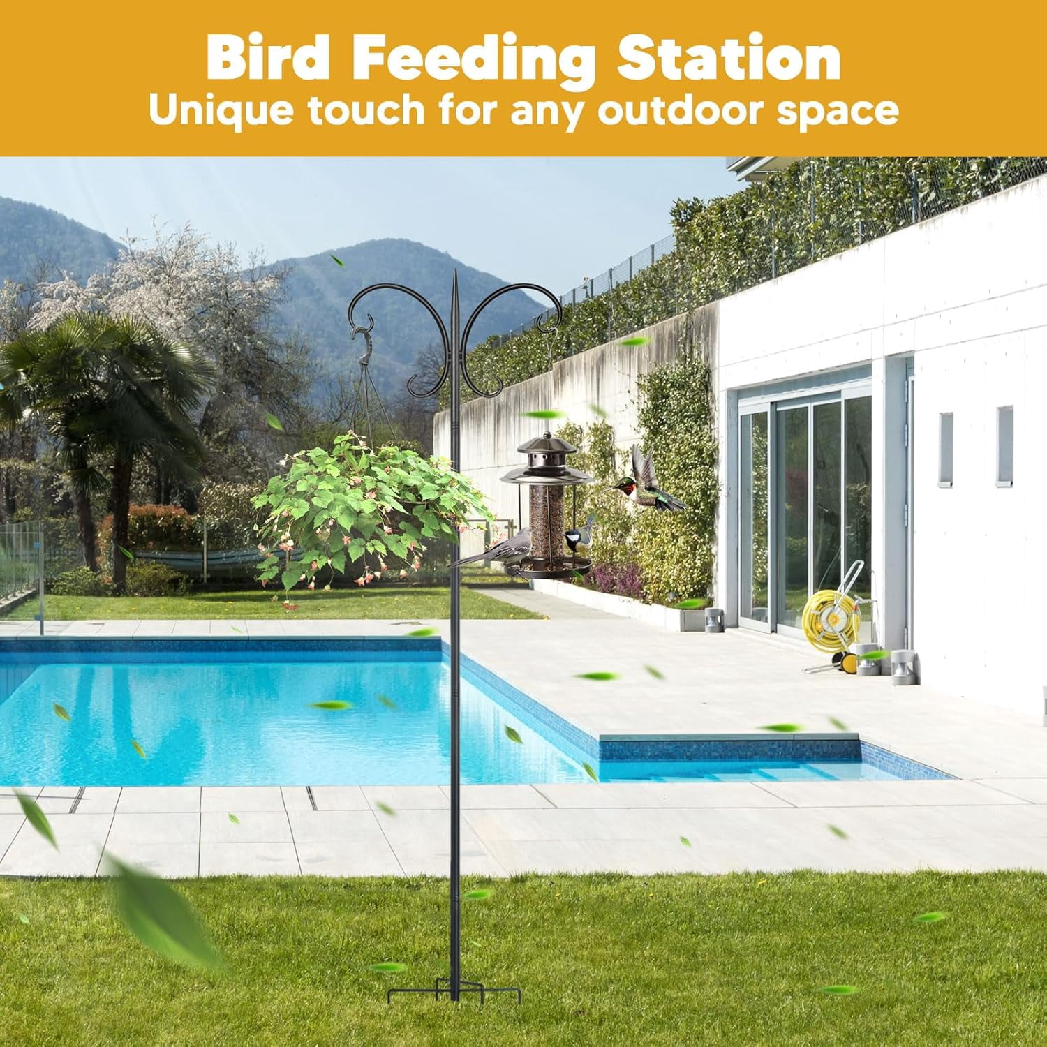 KOLAKO Bird Feeding Station, 223cm Extra Tall Bird Feeder Poles, Heavy Duty Metal Shepherds Hook for Birds Feeder, Garden Lights, Basket