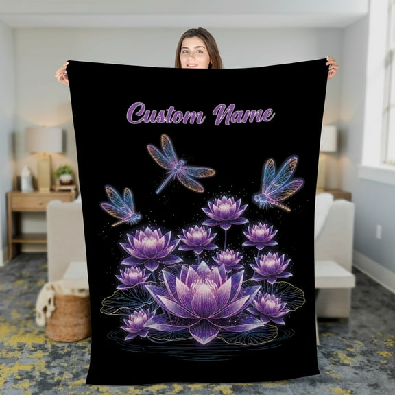 Lotusprinthandmade Personalized Dragonfly Graphic Fleece Blanket 2 Sizes (Made in US) (60"x50"), Custom Name Butterfly Throw Blanket Home Decor