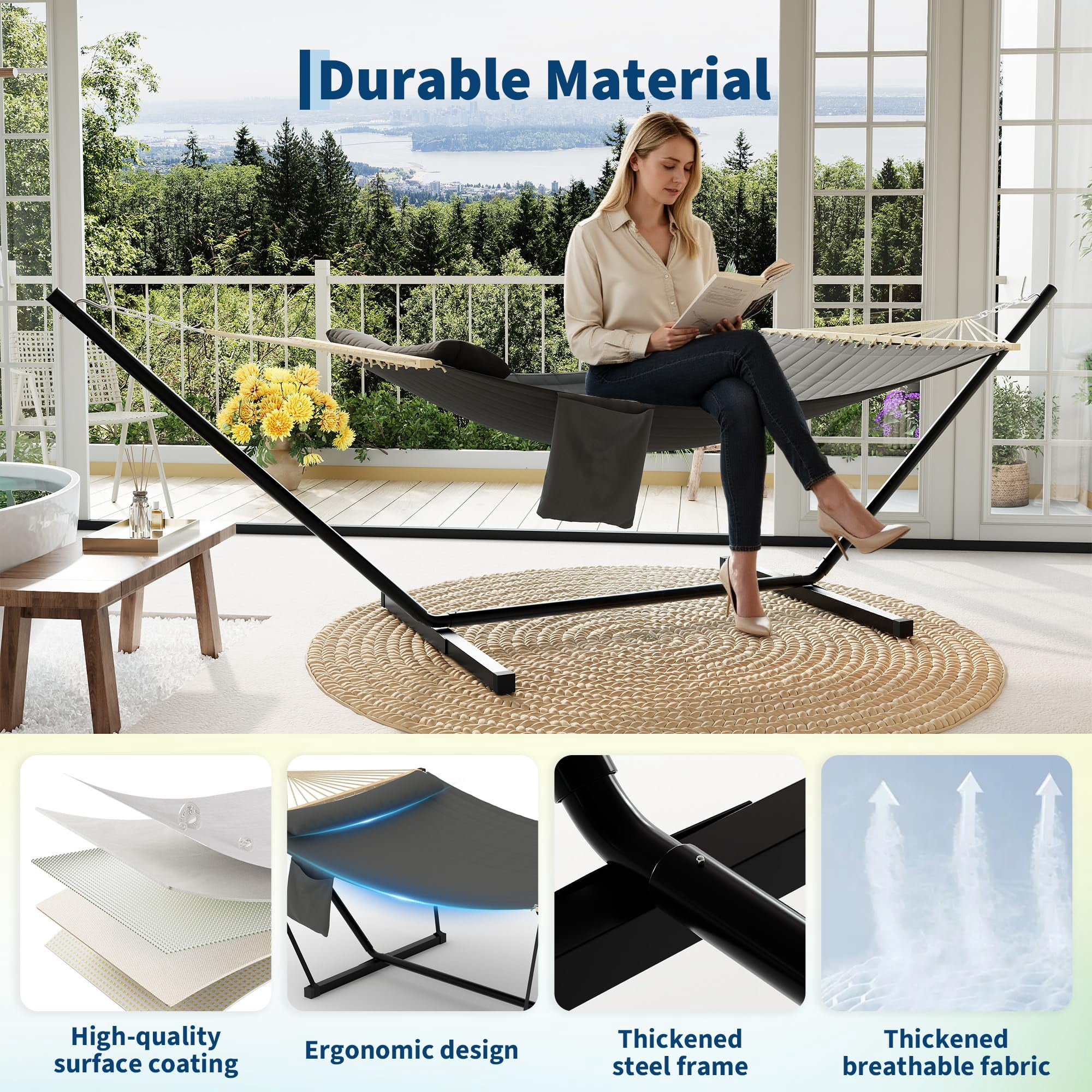 Double Hammock with Stand for Outdoor, Heavy Duty Portable 2 Person Hammock with Adjustable Steel Stand for Patio, Garden, Beach, Backyard