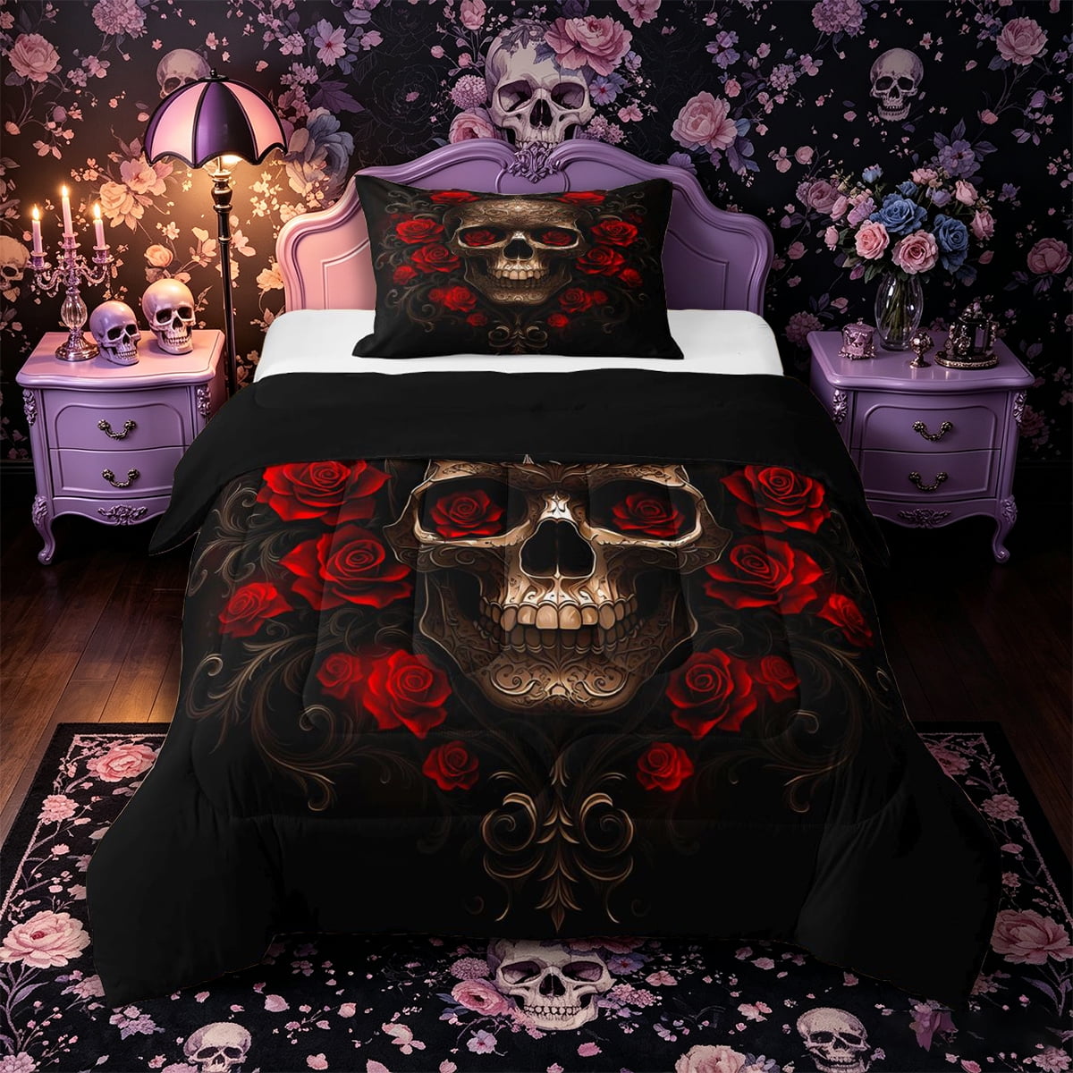 Castle Fairy Gothic Vintage Carved Skull Twin Comforter Sets 2pcs Floral Rose Baroque Damask Bedding Set Bronze Red Black 1 Comforter and 1 Pillowcase Black Reversible