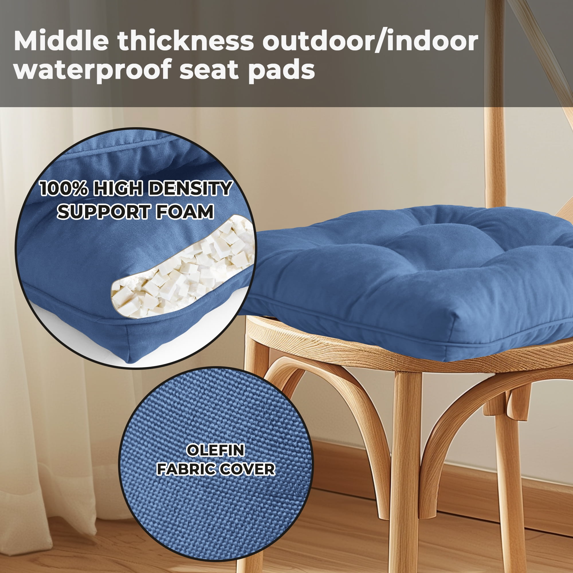 Outdoor Chair Cushions Set of 2, 19" x 19" Square Patio Cushions Patio Chairs Seat Pads Water-Resistant Patio Chair Cushions with Ties for Non-Slip Support, 3.5" Thick, Blue