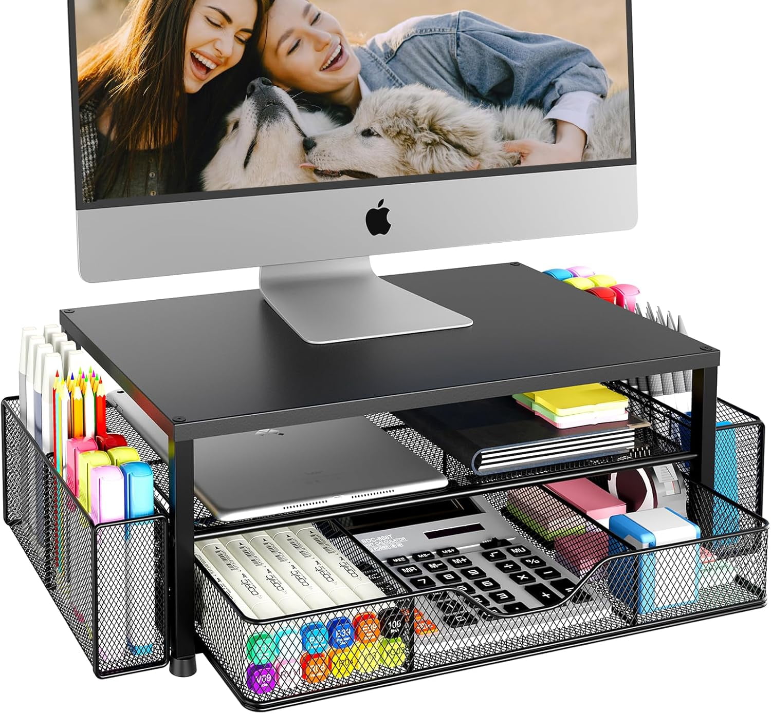 A house of tools Desk Organizers and Accessories, 2-Tier Computer Monitor Stand with Drawer and 2 Pen Holders, Office Desk Accessories Workspace Desktop Organizers for Office Supplies, Oak