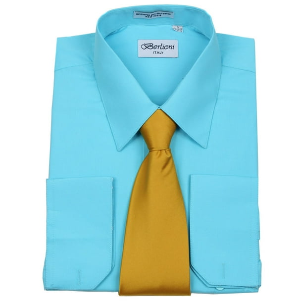 Berlioni Aqua Solid Mens Dress Shirt and Tie Set