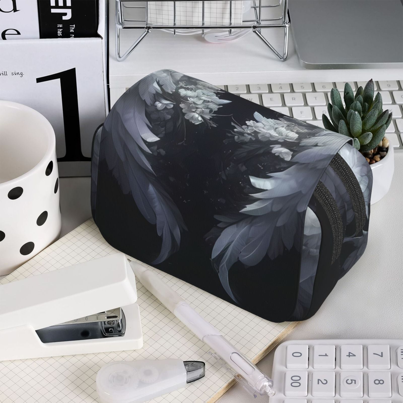 Rateoe Elegant Feathered Floral Wings Pattern Double Clamshell Pen Case, Storage Organizer with Two Zipper Compartments– Holds Up to 50 Pencils & Pens