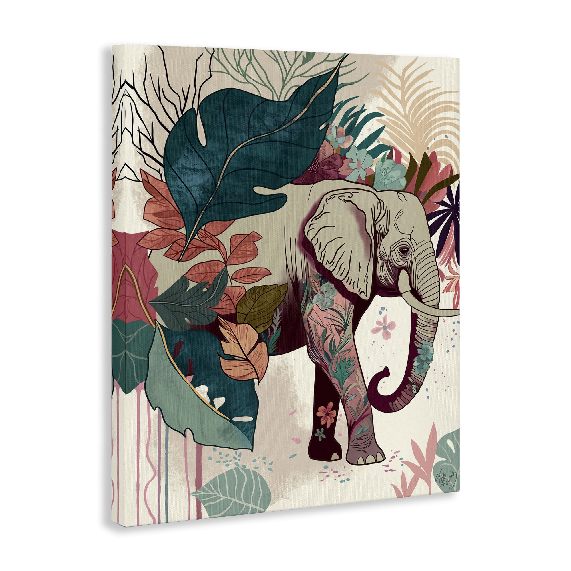 Stupell Industries Elephant & Tropical Leaves Animals & Insects Painting Gallery Wrapped Canvas Art Print Wall Art, 30 x 40