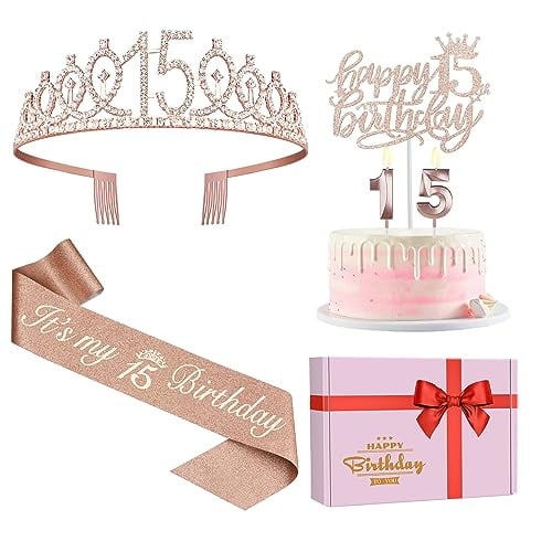 Decoraciones De 15º Cumpleaños Para Niñas Faja De 15º Cumpleaños, Corona/Tiara, Velas, Adornos Para Tartas. Regalos De 15º Cumpleaños Para Niñas 15 Decoraciones De Cumpleaños Para Niñas 15 Decoracione