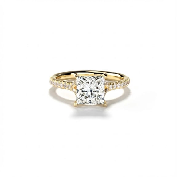 14k Yellow Gold Plated Moissanite Engagement Ring 1.5 CTW Princess Cut Cathedral Setting with Petite Pave Accents Ring for Women