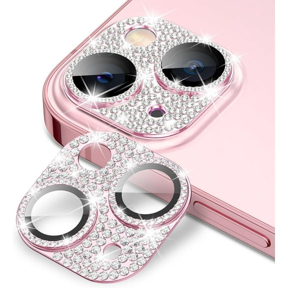 Bling Metal Camera Cover for iPhone 15/15 Plus Camera Lens Protector, Tempered Glass Screen Protector Glitter Diamond Accessories for 15Plus / 15 Pink