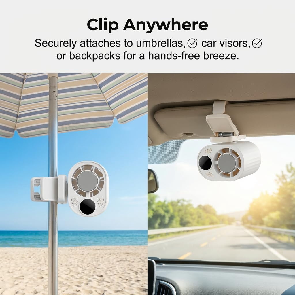 Car Clip On Air Conditioner Fan, 2026 Hands-Free Personal Cooling Fan 360° Rotation & 199 Speeds, 3-Speed Silent Bladeless Fans for Cars, Work, Camping