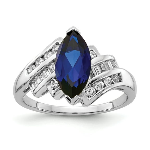 925 Sterling Silver Rhodium-plated Synthetic Blue Sapphire and Cubic Zirconia Marquise Ring Size 7