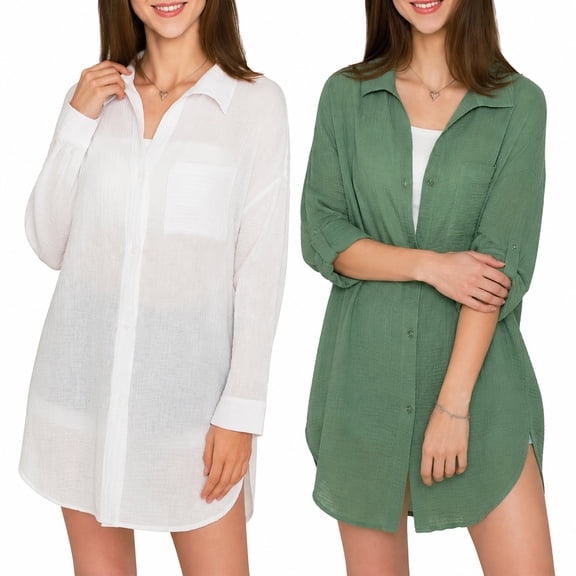 MERIDIANA 2 Pack Womens Swimsuit Cover Up Cotton Beach Button Down Shirt Dress Long Sleeve Bathing Suit Coverups for Swimwear Beachwear
