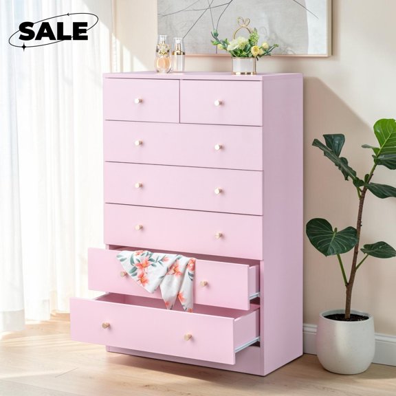 GZXS 7 Drawer Dresser for Bedroom, Modern Chest of Drawers for Living Room, Hallway, Entryway, Easy Assembly, Pink
