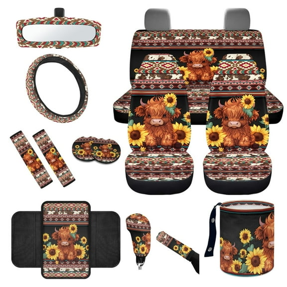 Yuyamidu Highland Cow Car Seat Covers Set of 14 Aztec Steering Wheel Cover Seatbelt Cushion Pad Trash Bin Car Armrest Cover Cushion Sunflower Rearview Mirror Cover Gear Shift Knob Cover Set Cup Mat
