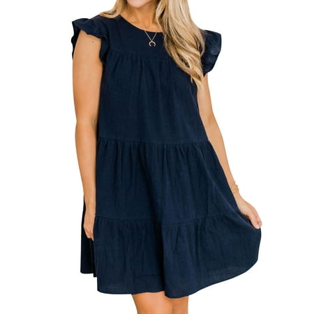 Women Solid Color Crew Neck Ruffled Short Sleeve Dress