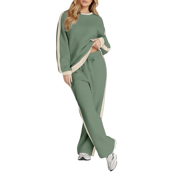 Womens Sweatsuits 2PCS Color Block Striped Long Sleeve Round Neck Tracksuit Straight Leg Sweatpant Fall Fashion Leisure Travel Vacation Clothes