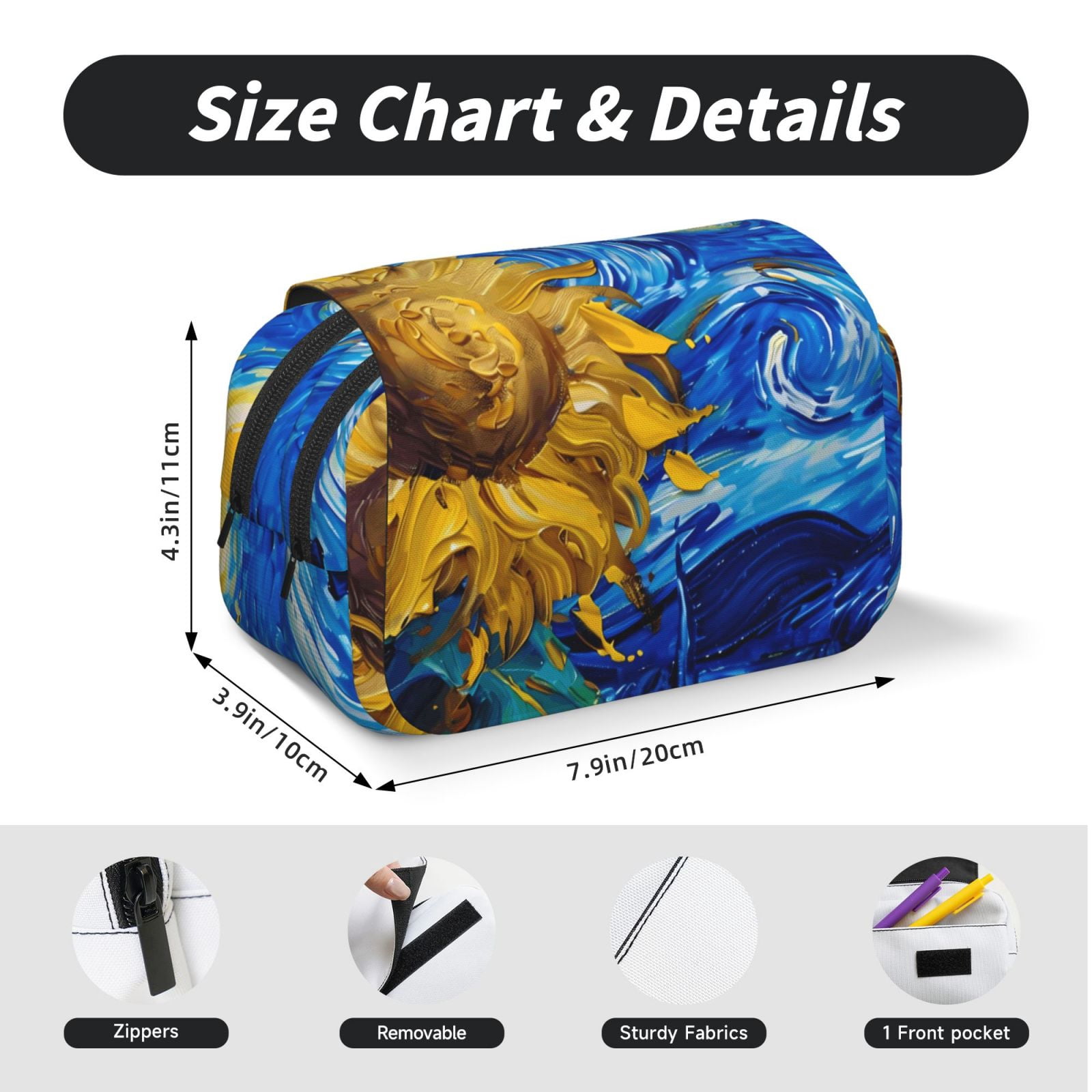 Rateoe Whimsical Sunflowers Night Sky Pattern Double Clamshell Pen Case, Storage Organizer with Two Zipper Compartments– Holds Up to 50 Pencils & Pens
