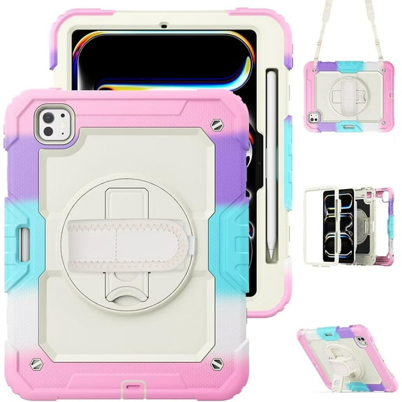 REQO Case for iPad Pro 13 inch M4 2024,Built-in Protective Film Shockproof Wrist Strap Rotating Kickstand Protective Cover Case with Shoulder Rope for iPad Pro 13 Inch M4 2024 (7th Gen)