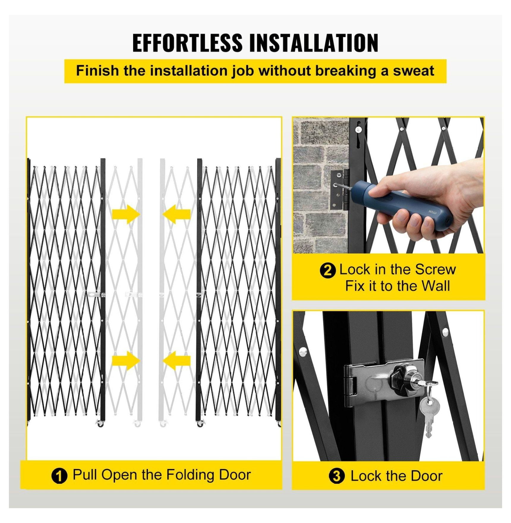 Folding Security Gate 5.1' x 10.2', Steel Accordion Door Gate, Expandable Barricade Gate with Keys, Heavy Duty Safety Gate for Doorways, Hallways, Storefront