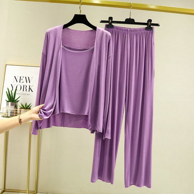 Conjunto de pijama de tres piezas para mujer, de primavera y verano, con pantalones de manga larga modal, ropa de casa, ropa de abrigo informal