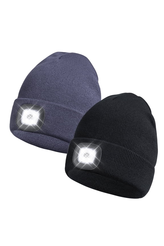2 Pack LED Beanie Hat with Rechargeable Light Warm Winter Knit Cap for Men and Women, Camping, Running, Hiking Dark Gray + Black