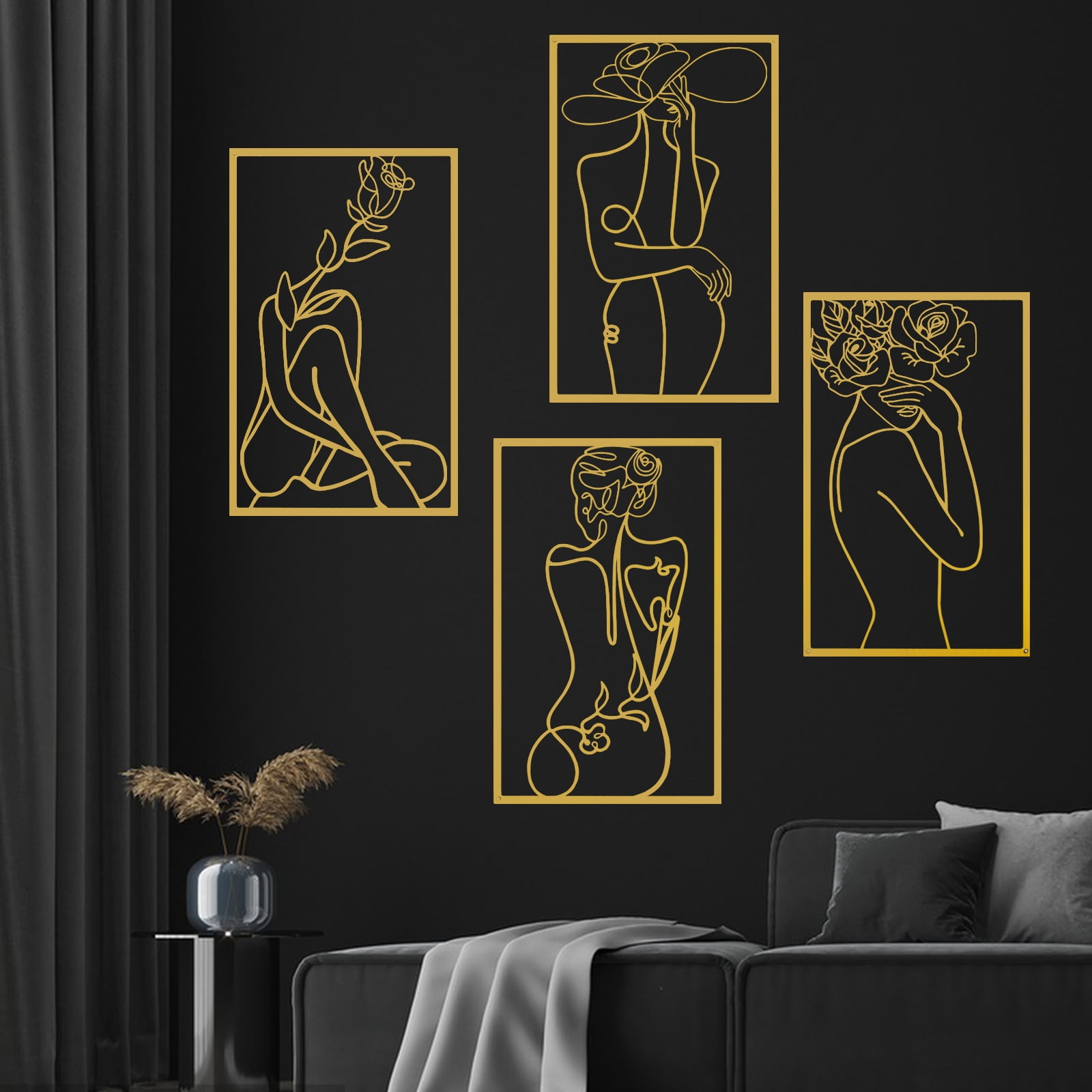 Wall Art Decor for Room Decor, 4 Piece Abstract Metal Wall Art, Female Gold Wall Decor, Minimalist Flower Line Wall Hangings for Home Living Room Bedroom Bathroom
