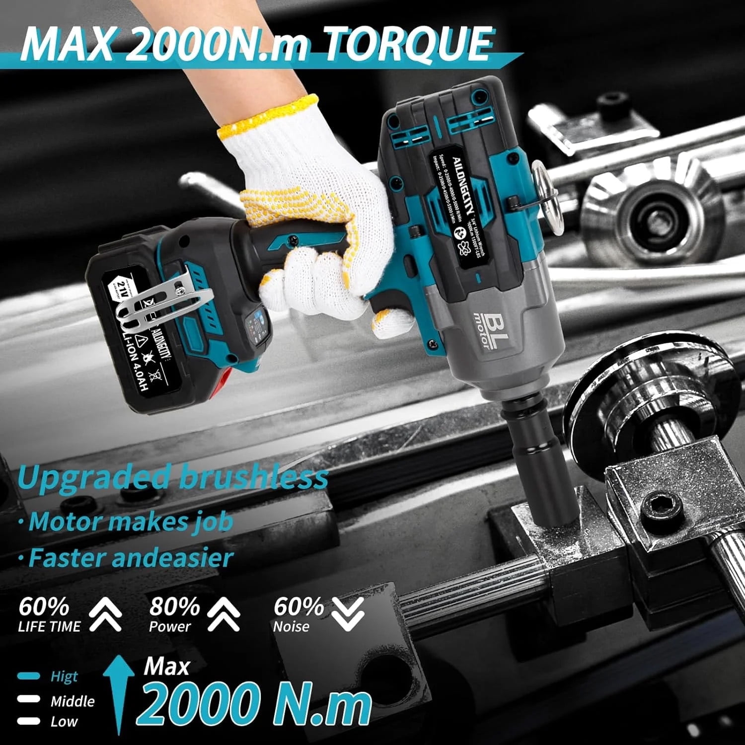 2000Nm(1500ft-lbs) Cordless Impact Wrench,3/4 inch High Torque Brushless Impact Gun, 5500RPM Power Batt ery Impact Wrench w/ 2 x 4.0Ah Bat tery, Fast Charger for Heavy Duty Truck Mower
