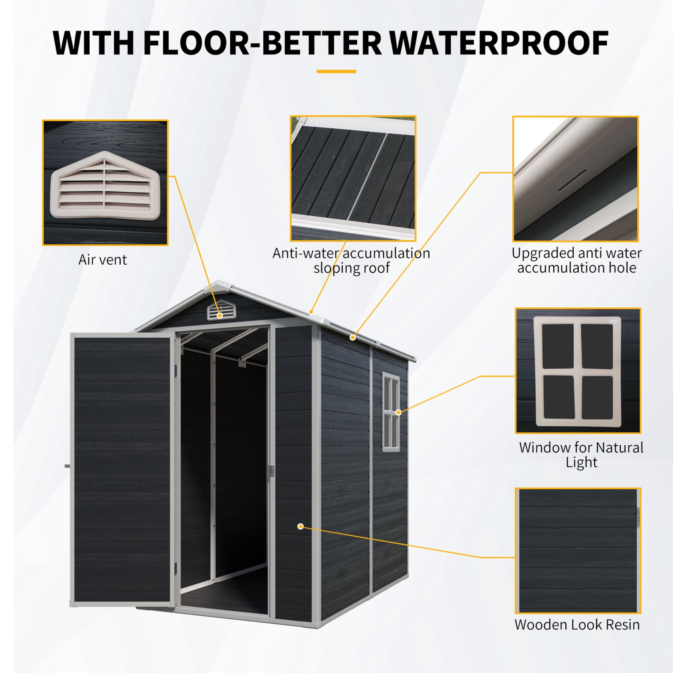 Noble House 4x6 FT Outdoor Plastic Storage Shed, Metal-Reinforced Resin Garden Tool Organizer with Floor, Black
