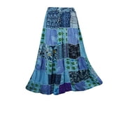 Mogul Womens Maxi Skirt Vintage Patchwork Rayon Flirty Blue Long Skirts
