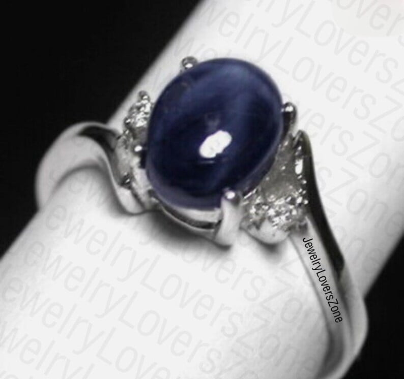 JewelryLoversZone 925 Sterling Silver Blue Star Sapphire Gemstone Ring 6-Ray Gems Engagement Ring Handmade Jewelry Gift for Women Gold 5.5
