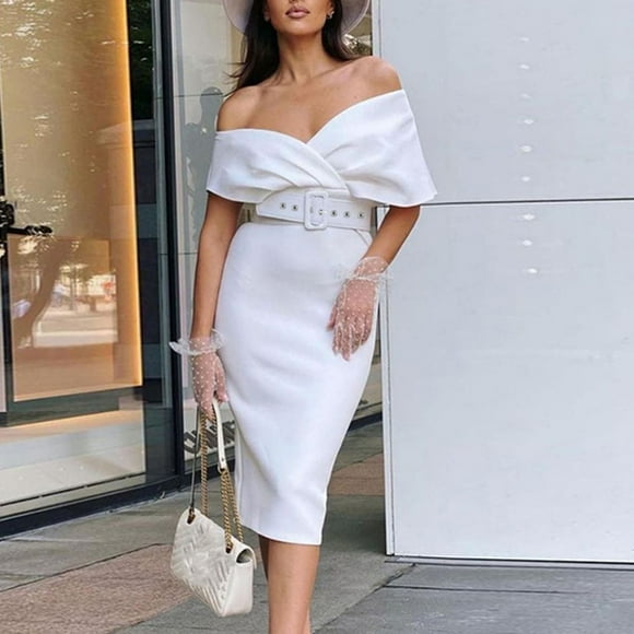 mtvxesu Dresses for Women Plus Size, Fashion Women's Casual Long Sleeve Solid Ladies Retro Draw Back Sexy Shoulder Dress Casual Dresses