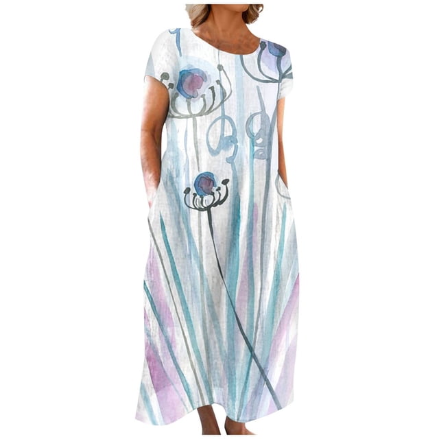 CHOK Robe Décontractée en Lin à Manches Courtes Col Rond pour Femmes Couleur Unie Coton Lin Robe d'Été 2024 avec Poches Gris TG