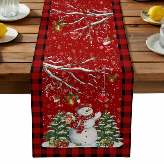 Christmas Tree Bell on Red Background Table Runner Dresser Scarf,Kitchen Dining Table Decoration Red Black Plaid Linen Table Runners for Home Wedding Indoor Outdoor Party,13x70in