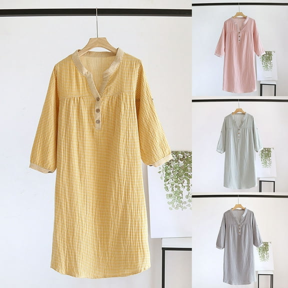 Aboser Cotton Sleepwear Nightgown for Women Lightweight Casual Long Sleep Dress Button Up V Neck Loungewear Loose Fit Nightshirt Solid Color Long Sleeve Nightdress