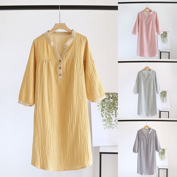 Feancey Cotton Sleep Dress for Women Button V Neck Half Sleeve Nightgowns Plaid Casual Loose Sleepshirts Soft Cozy Loungewear Pajama Dress Pink L