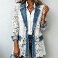 thumbnail image 2 of Sorvello Distressed Eyelet Lace Patchwork Denim Jacket for Women Notch Lapel Single Button Front Blazer with Pockets Mid Long Spring Fall Business Casual White XXL, 2 of 6