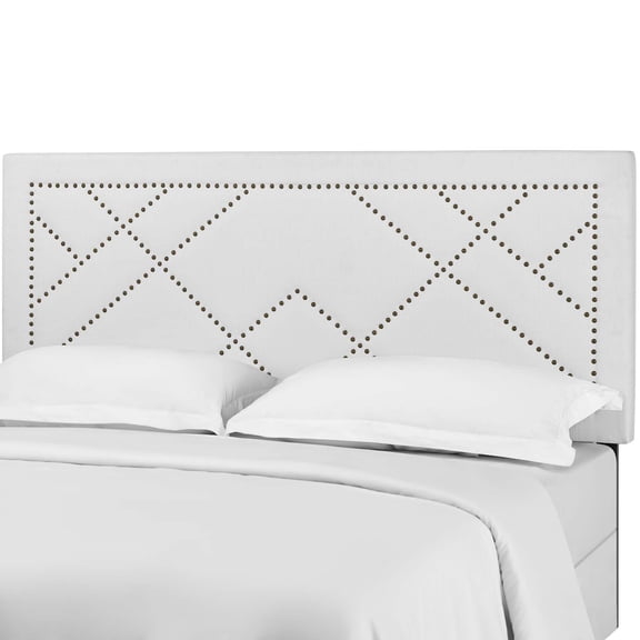 Contemporary Modern Urban Designer Bedroom Full and Queen Size Headboard, Rivet Nail, Fabric, White