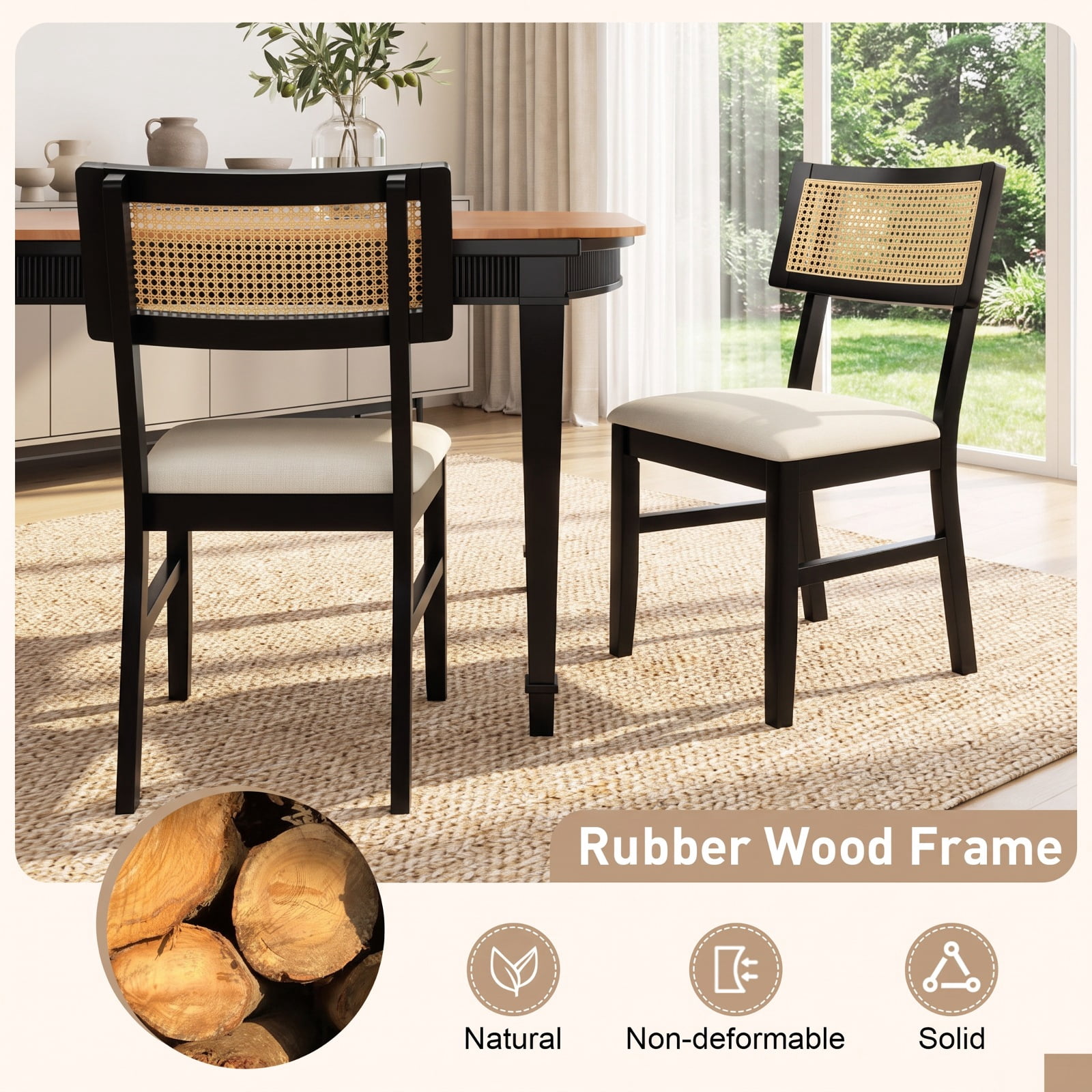 Furnibear Rattan Dining Chairs Set of 2 Fabric Upholstered Kitchen Chairs with Padded Seat and Rubber Wood Legs for Kitchen Dining Room Living, Black