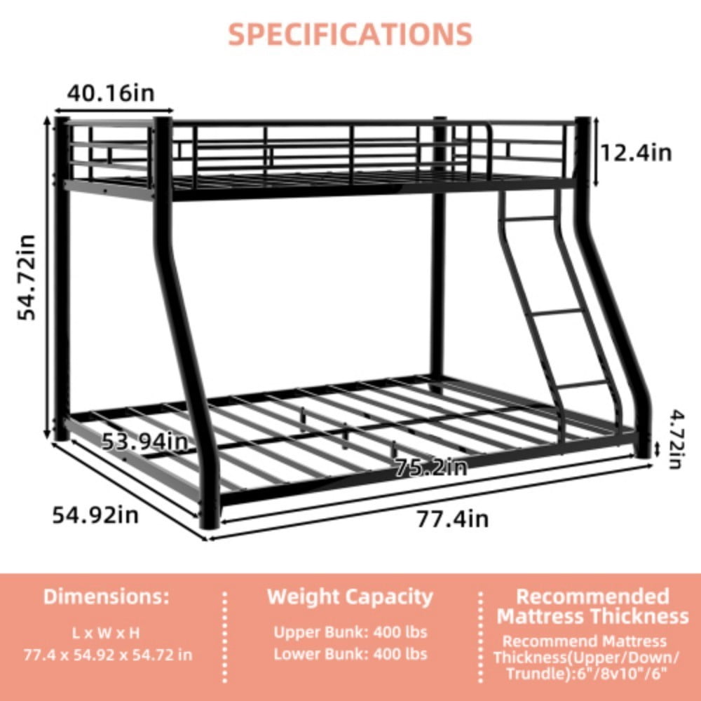 Twin Over Full Bunk Bed, Heavy-Duty Metal Frame with Ladder & Full-Length Guardrail, LED Light & USB Port, Noise-Free Design, 400 lbs Capacity, Black