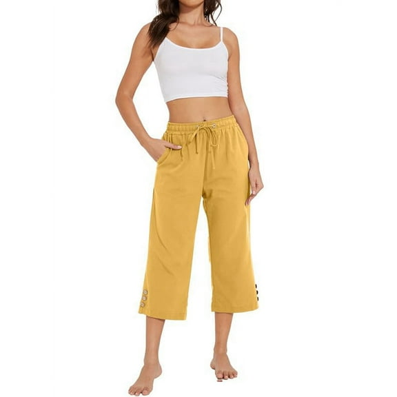 Women Capris Pants High Waist Drawstring Comfy Casual Pants Casua Loose Trousers Buttons Trim with Pockets Yellow S